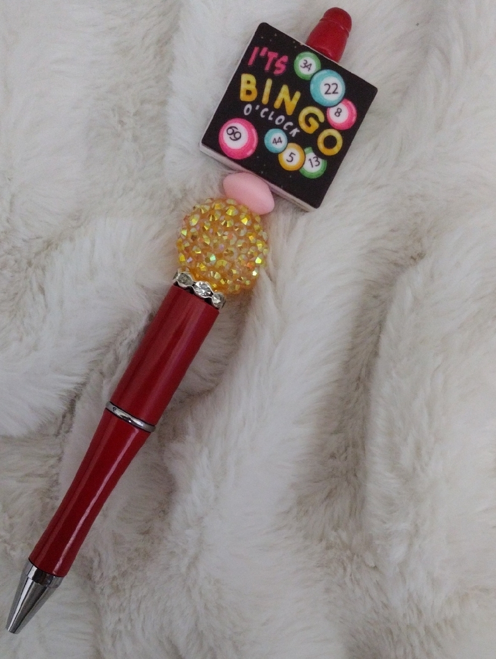 Red Bingo Charm Ballpoint Pen with Yellow Crystal Accent